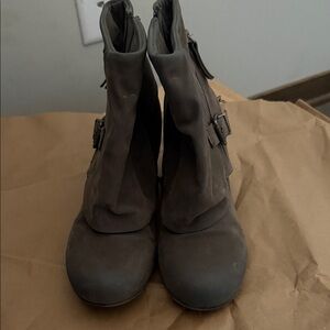 Women’s Gray Ankle Booties with Side Zip and Buckle